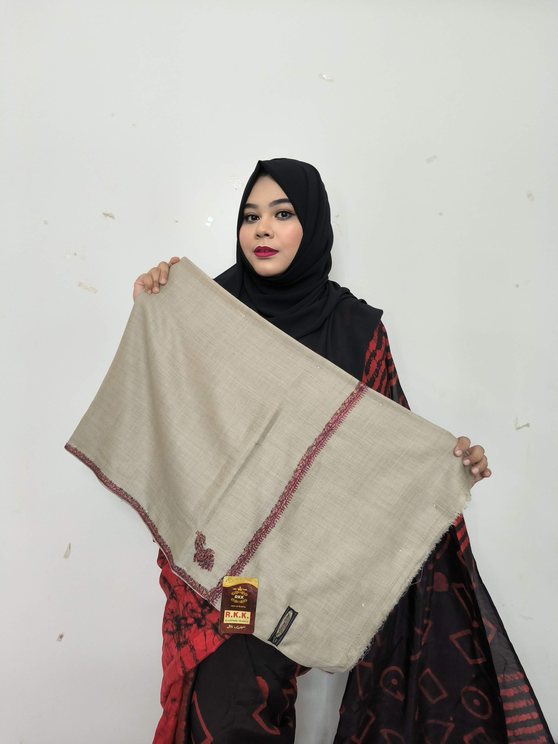 Original Kashmiri Pashmina Shawl Biscuit Thin Border - HP141-BISCUIT-MODEL-3