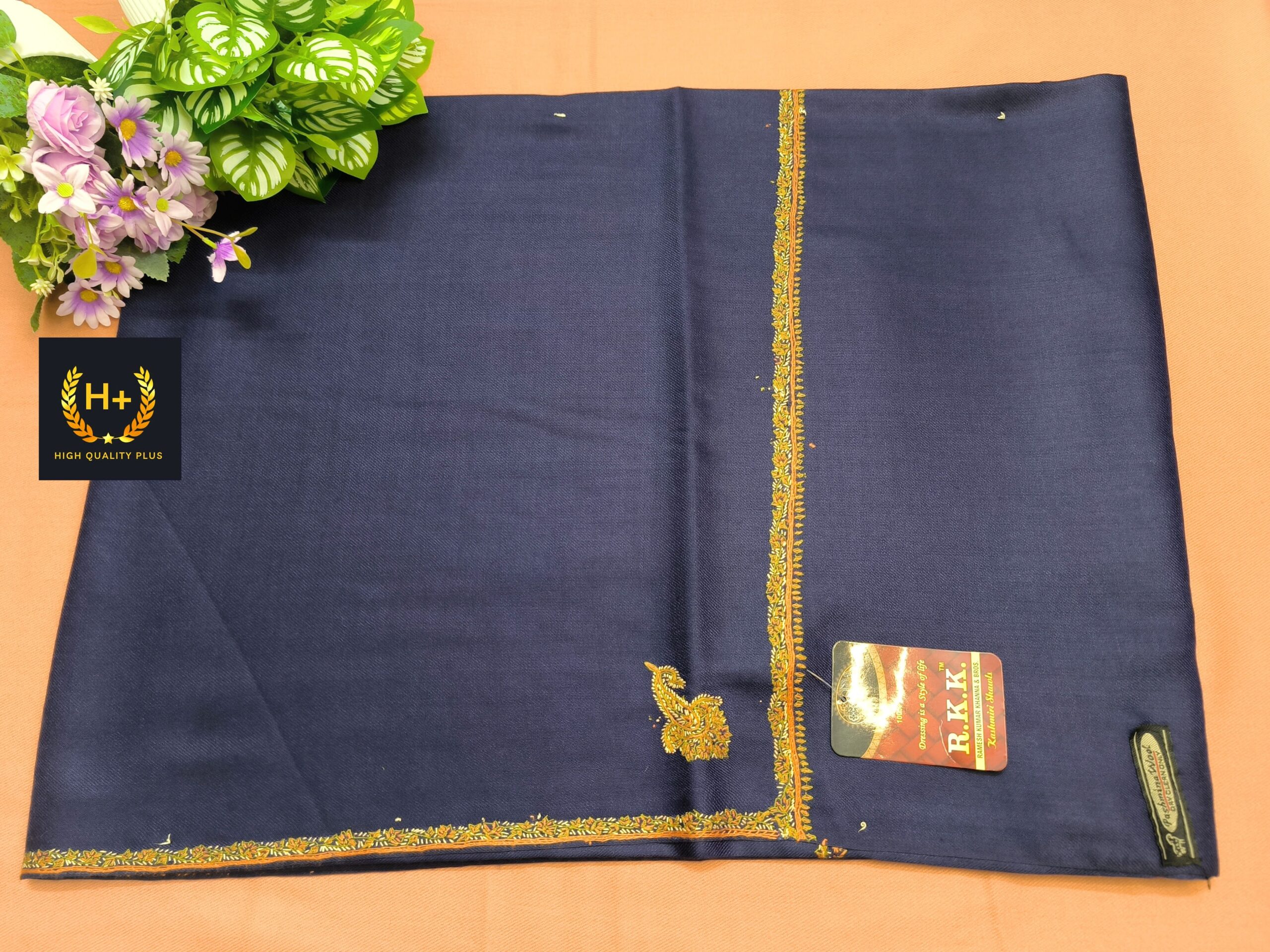 RKK Original Kashmiri Pashmina Shawl Navy Blue Thin Border - HP243-NB-MODEL-3 - Image 5